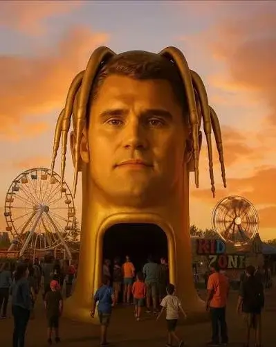 A man with a head in the middle of a carnival.