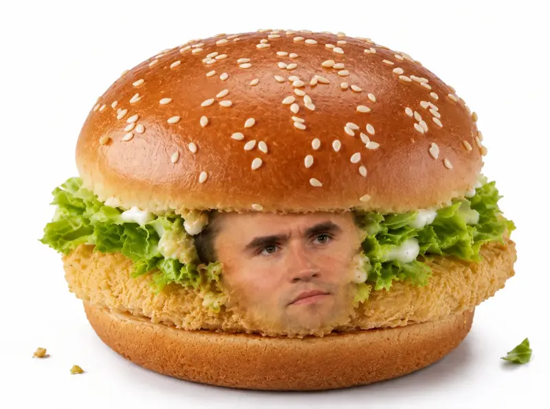 A man with a hamburger on his head.