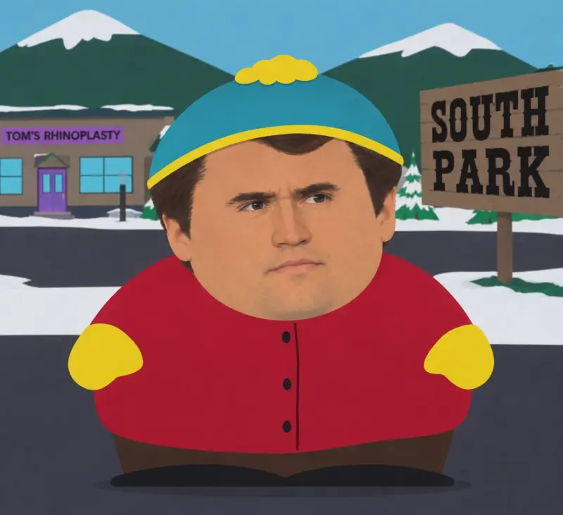 A cartoon of a man in a red jacket and blue hat.