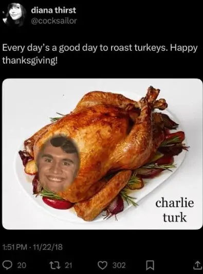 A turkey on a plate with a picture of a man.