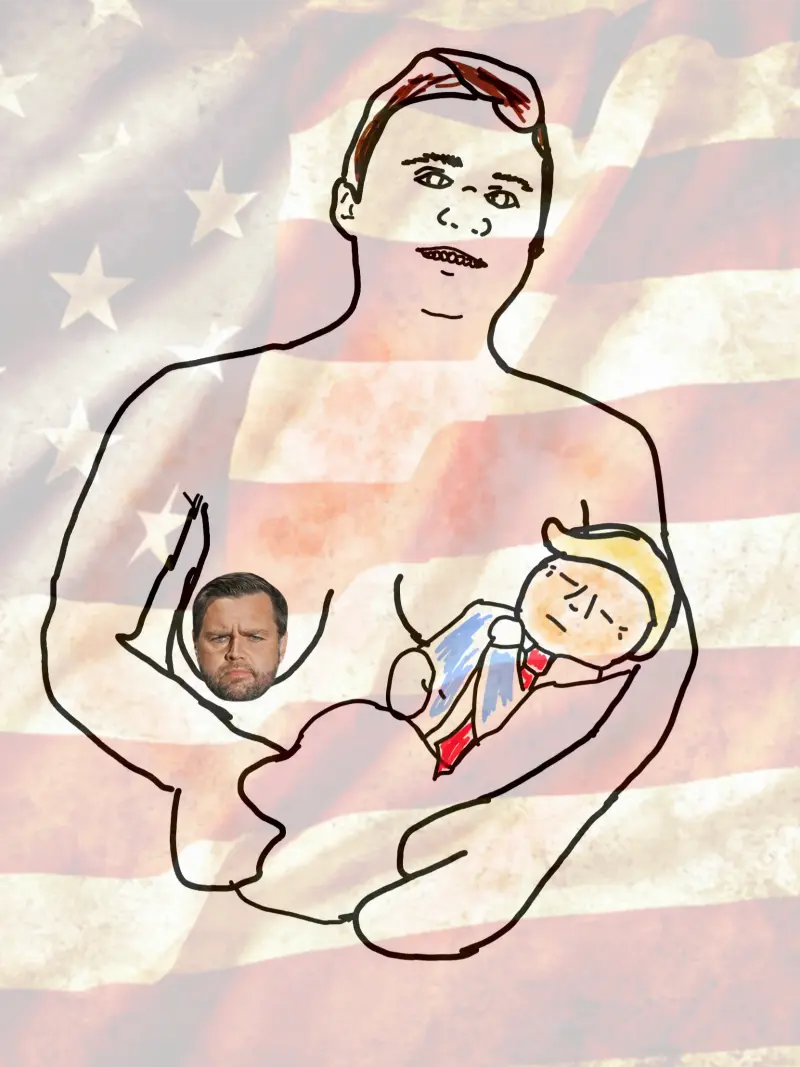 A drawing of a man holding a baby.