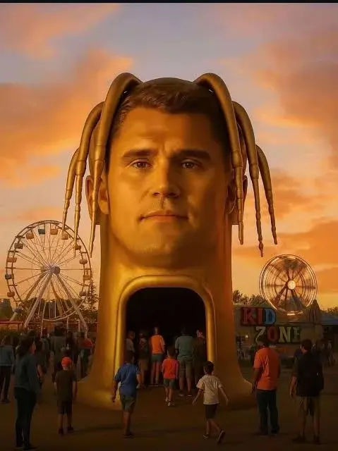 A man with a large head in front of a ferris.