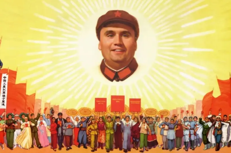 A painting of a man in a red cap and a crowd of people.