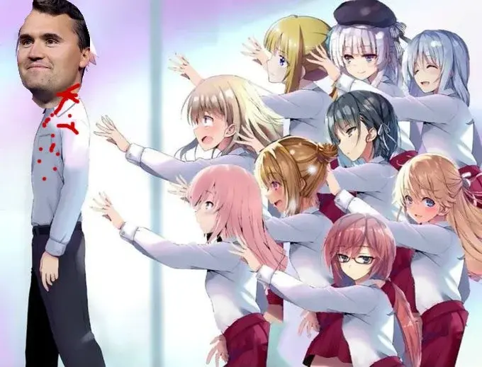 A man in a suit and tie standing next to a group of anime characters.