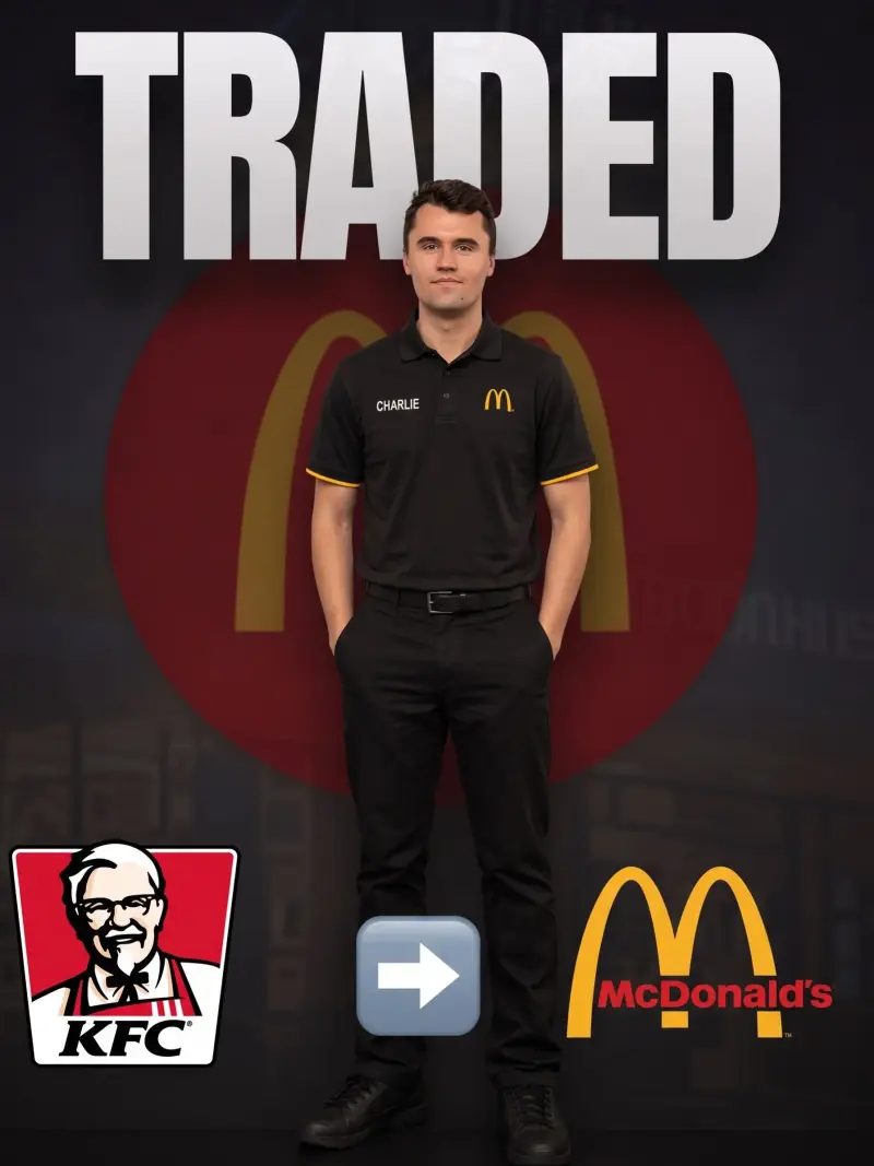 A man in a black shirt and black pants standing in front of a mcdonald logo.