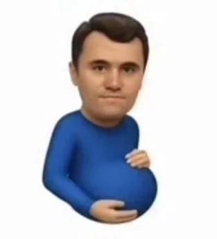 A cartoon character with a blue shirt and a black hair.