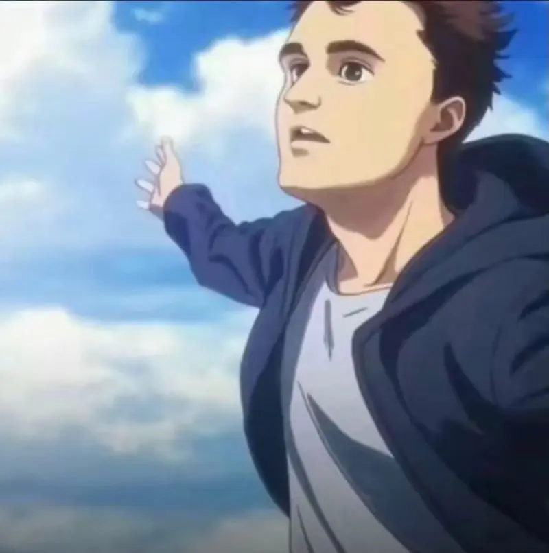A man in a blue jacket is pointing at the sky.