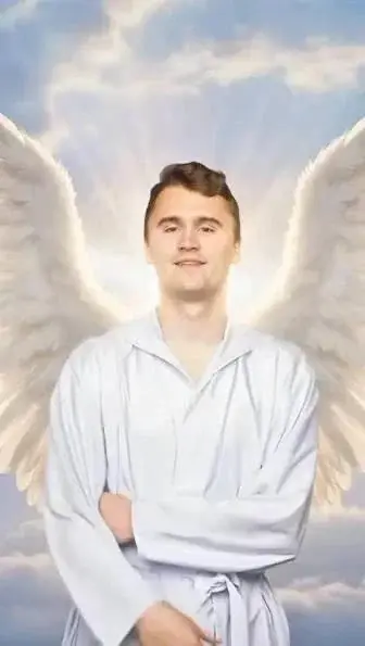 A man with angel wings in the sky.