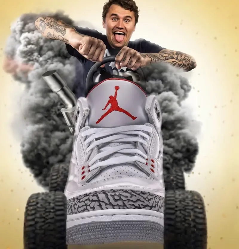 A man in a white and red jordan jordans shoe.