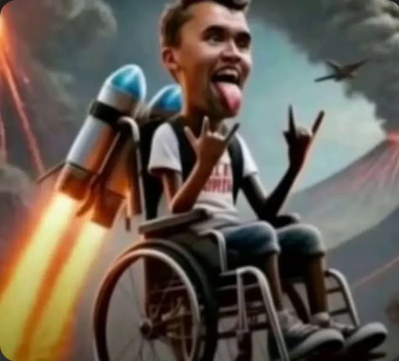 A man in a wheelchair with a rocket in the background.