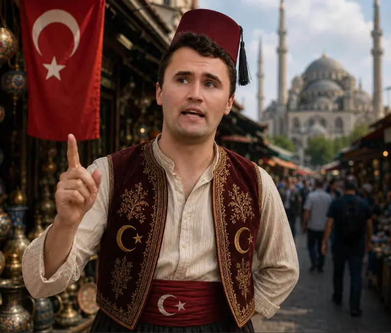 A man in a turkish costume in front of a mosque.
